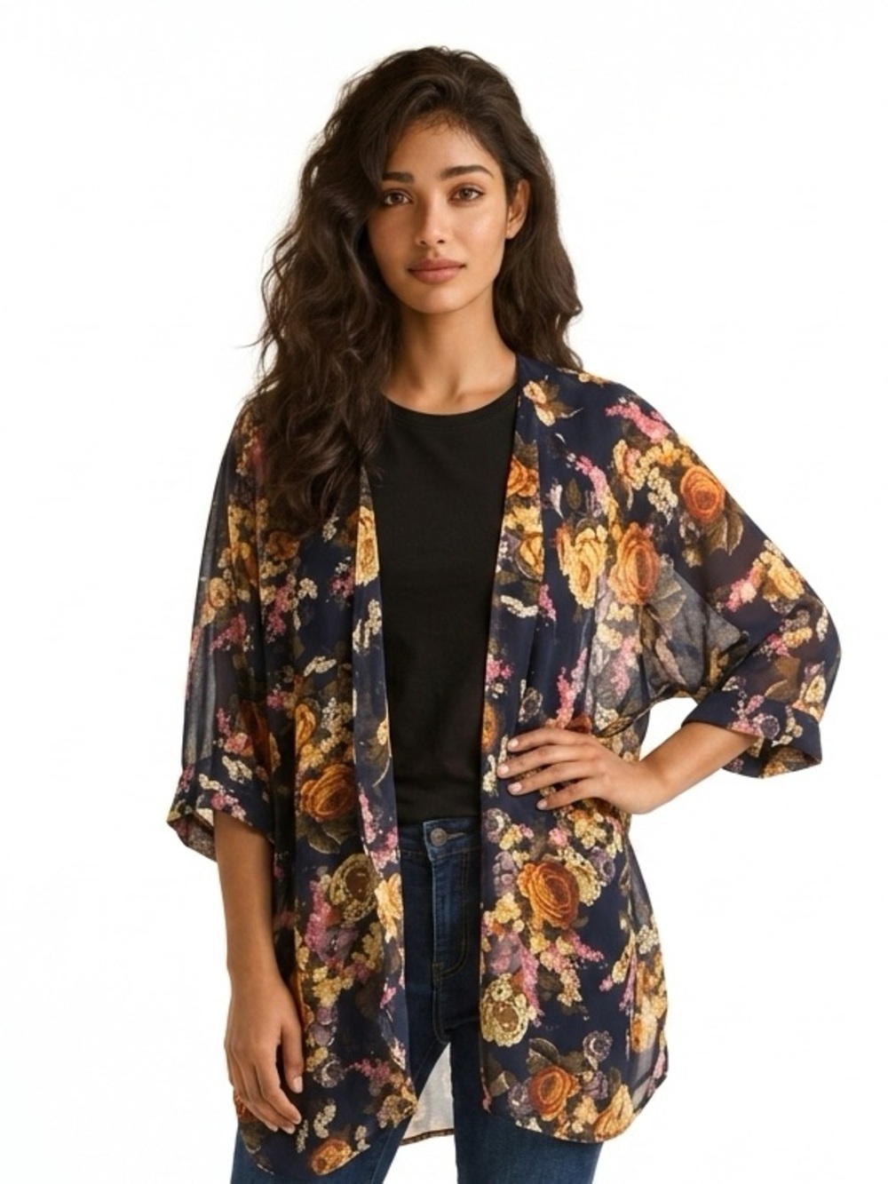UNBRANDED Sheer Floral Kimono Navy Blue & Oranges Cuffed Sleeves Women’s Size L